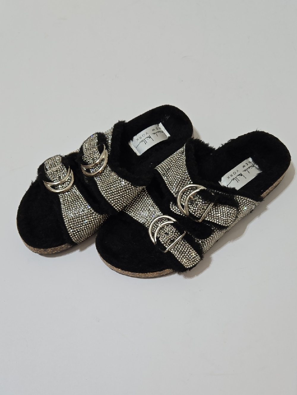 Nicole Miller New York Sparkle Buckle Slide Sandals in Black and Silver